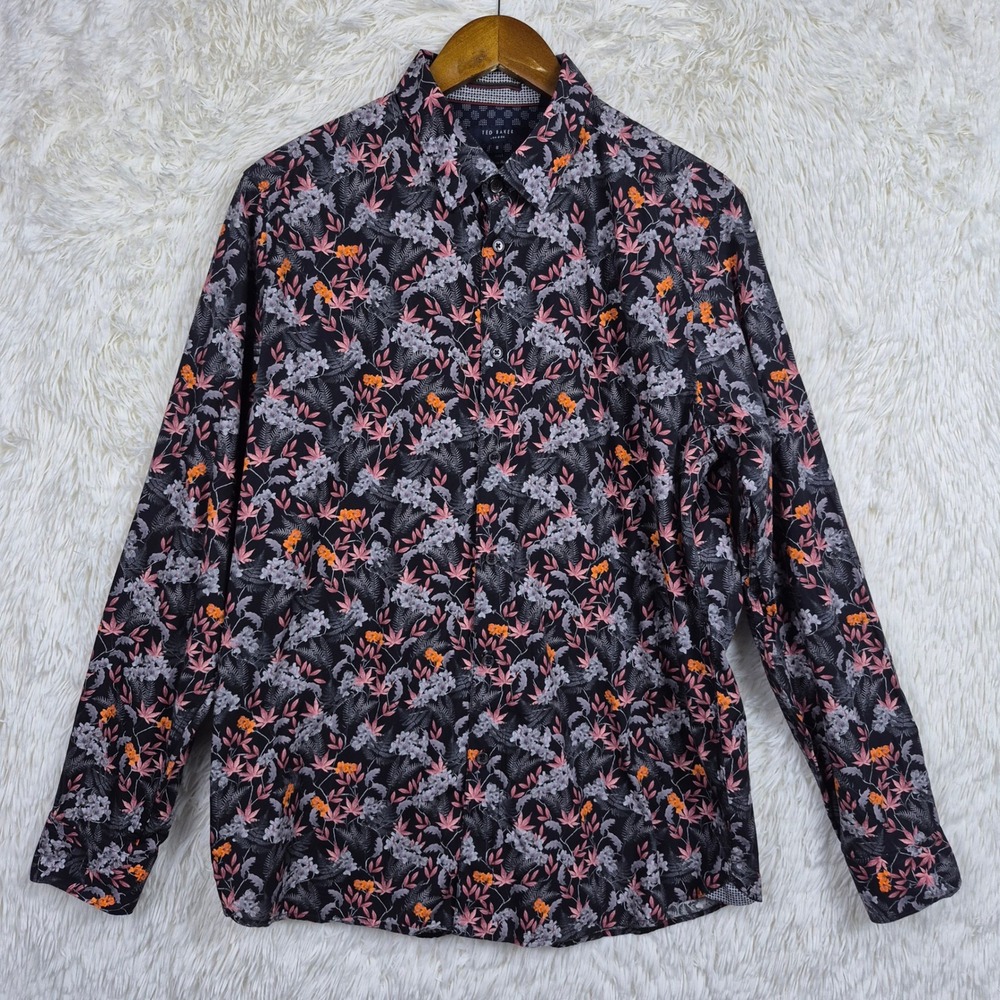 Ted Baker London Mens The Fern Floral Print Cotton Button Down Shirt Navy XL